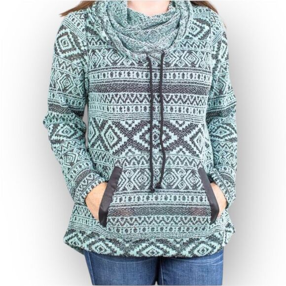 One World Cowl Neck Pattern Pullover Tunic Sweatshirt Turquoise, Women’s Medium - Picture 1 of 13